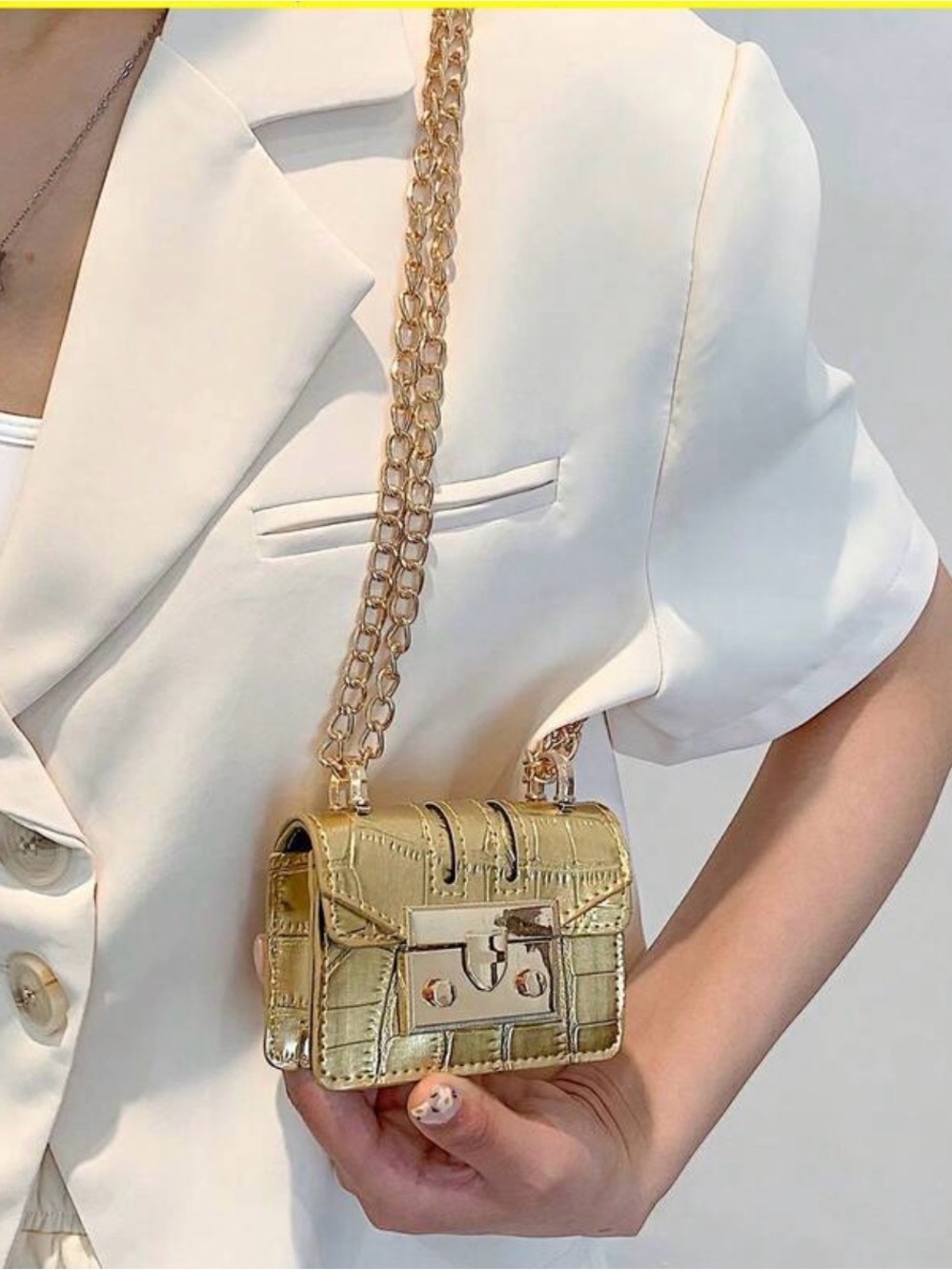Gold Croc-Embossed Mini Chain Shoulder Bag - Luxe Metallic Finish